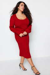 Red Plain Bodycone Midi Knitwear Plus Size Dress Tbbaw23ah00032