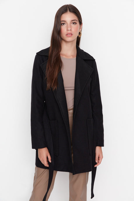 Black Fitted Belted Woolen Cashmere Coat Twoaw20kb0032