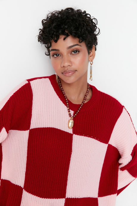 Red Pink Checkered Pattern Crew Neck Knitwear Sweater Tctaw23kz00004