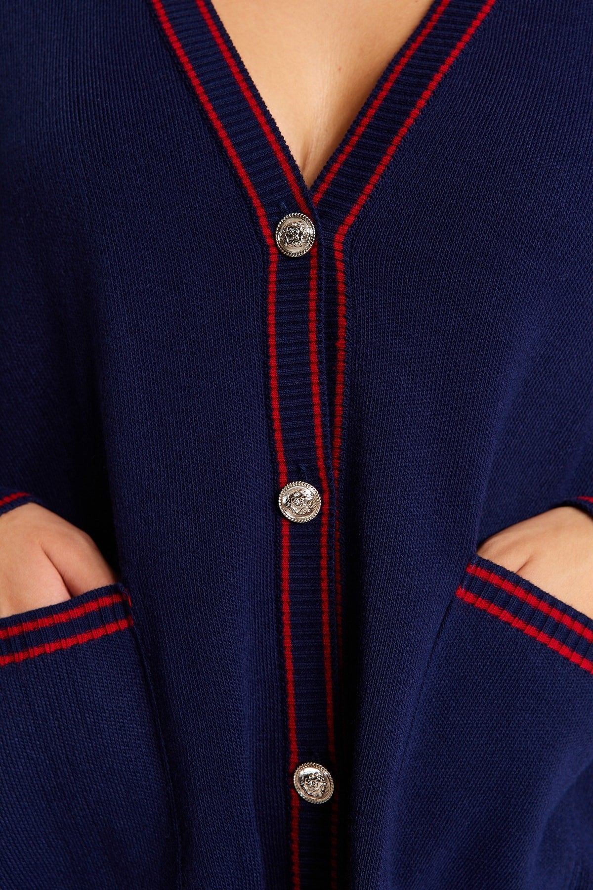 Navy-red Line Detailed Knitwear Cardigan Tbbaw24av00012