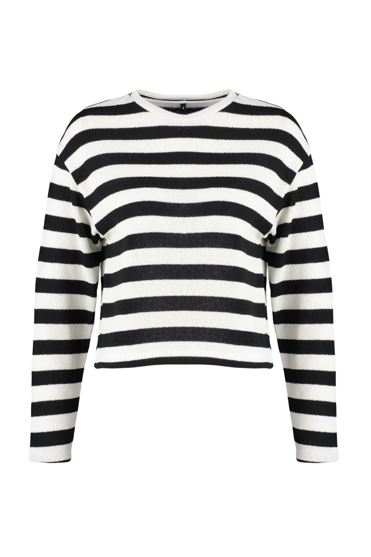 Black Striped Knitwear Look Crew Neck Crop Blouse Twoaw24bz00380