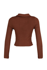 Brown Fitted/body Fitting Crop Polo Collar Ribbed Cotton Stretch Knit Blouse Twoaw23bz00130