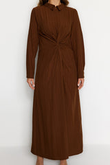 Brown Front Knot And Zipper Detailed Woven Dress Tctss23eb00137