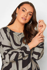 Plus Size Patterned Asymmetric Cut Boater Collar Long Sleeve Blouse 302058 3020-x