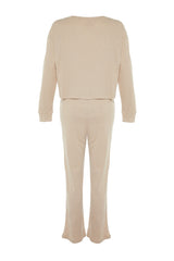 Beige Ribbed Knitted Pajama Set Thmaw21pt0009