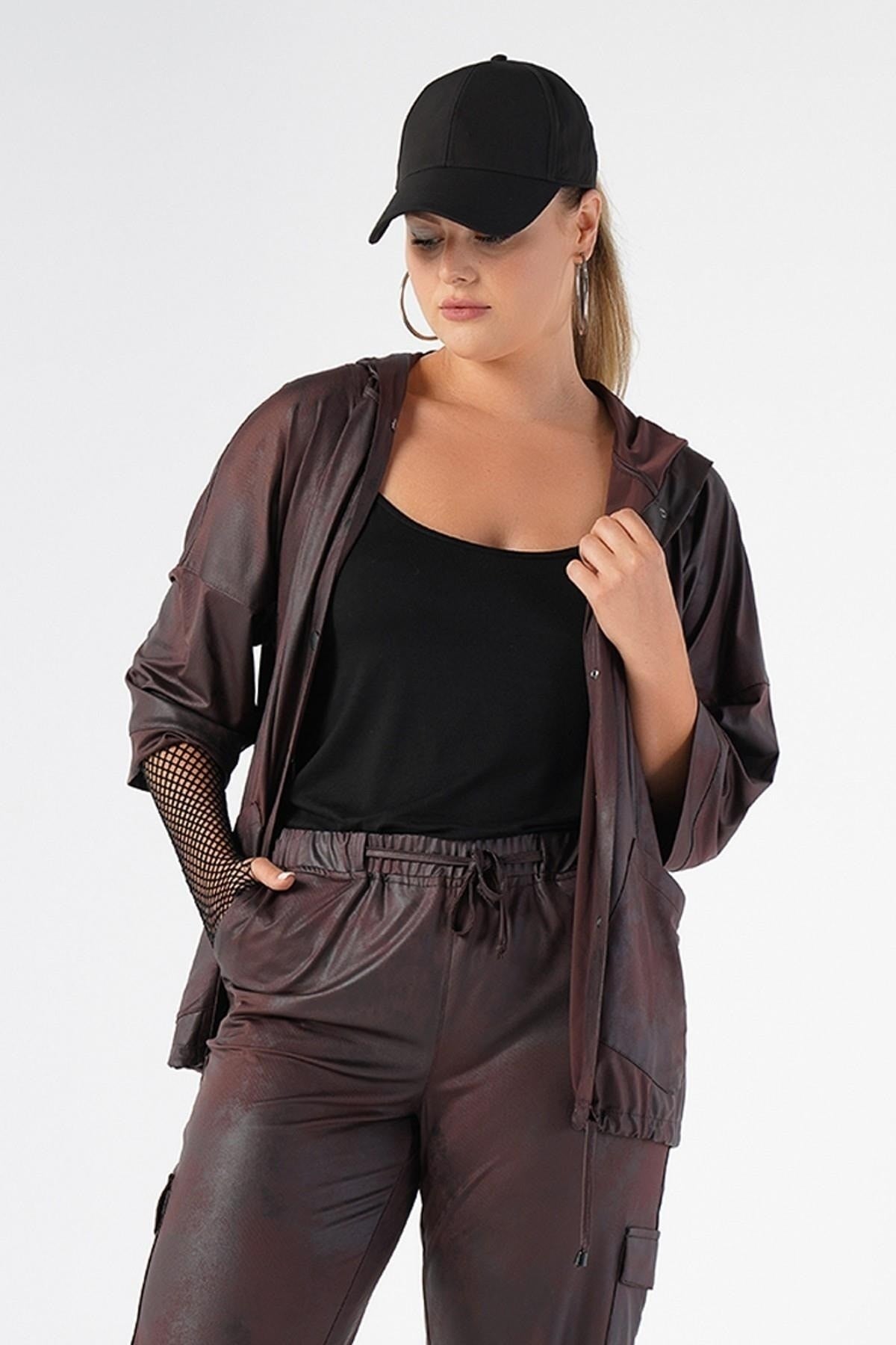 Plus Size Hooded Leather Burgundy Jacket 220650093