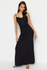 Black Lined Woven Gown Long Night Evening Dress Tprss23ae00155