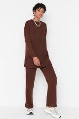 Brown Crew Neck Basic Knitted Tracksuit Tctaw23en00003