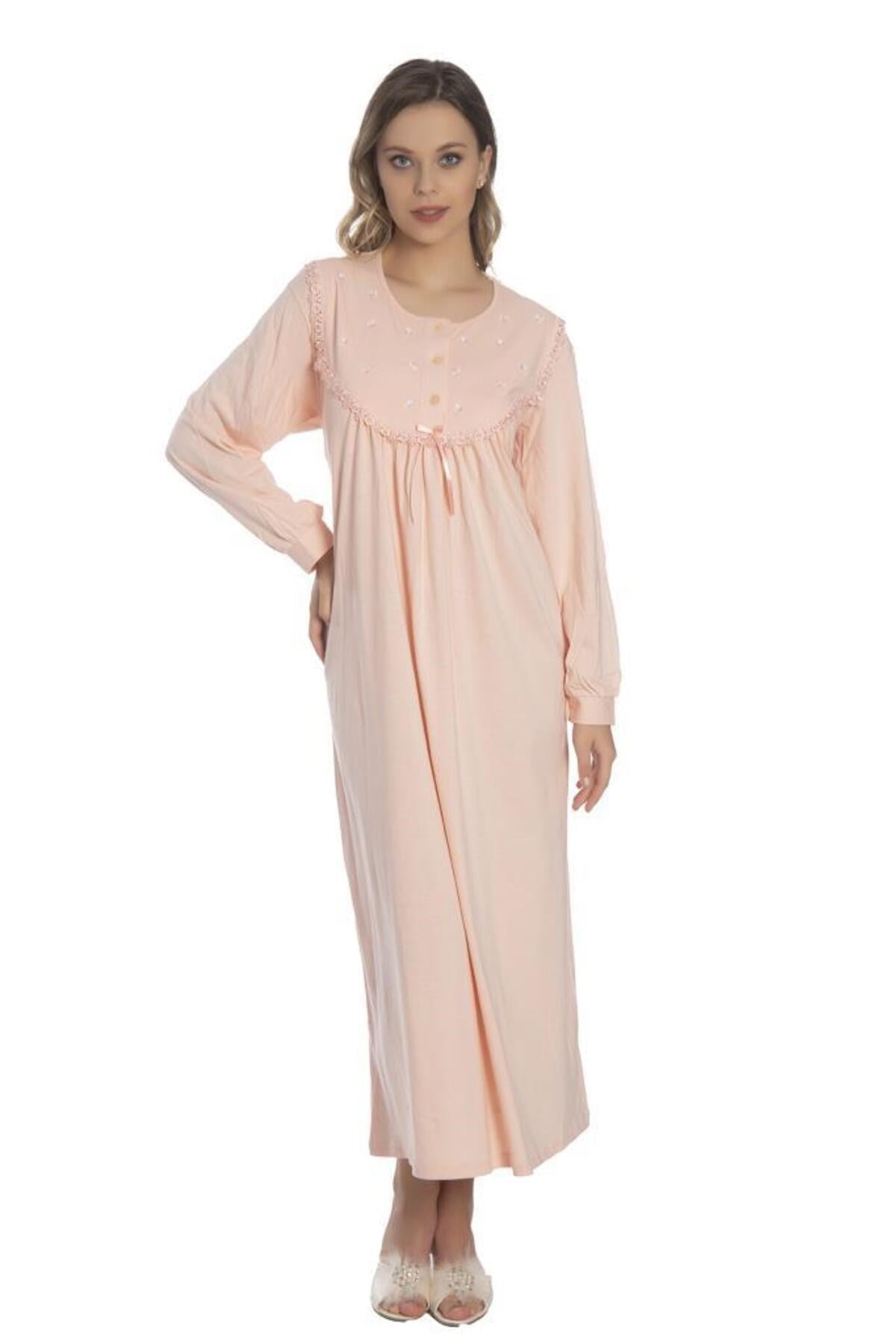 Women's Salmon Cotton Long Sleeve Combed Nightgown 9005 Akala9005