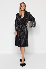 Black Satin Tassel Detailed Woven Dressing Gown Thmaw24sb00008