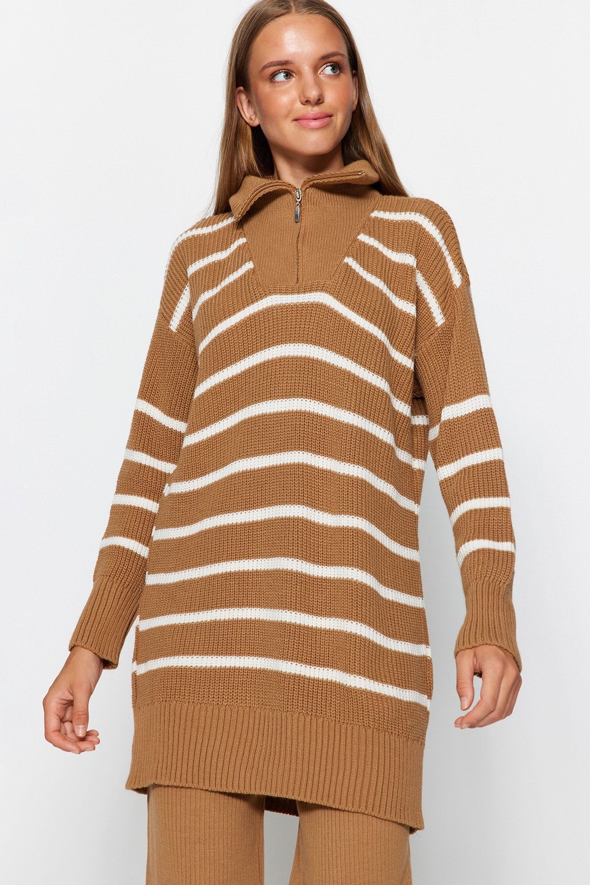 Camel Zipper Detailed Thessalonica Striped Knitwear Bottom-top Suit Tctaw24us00058