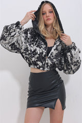 Women's Silver-black Hooded Inner Lined Color Changing Sequin Bomber Jacket Alc-x11372