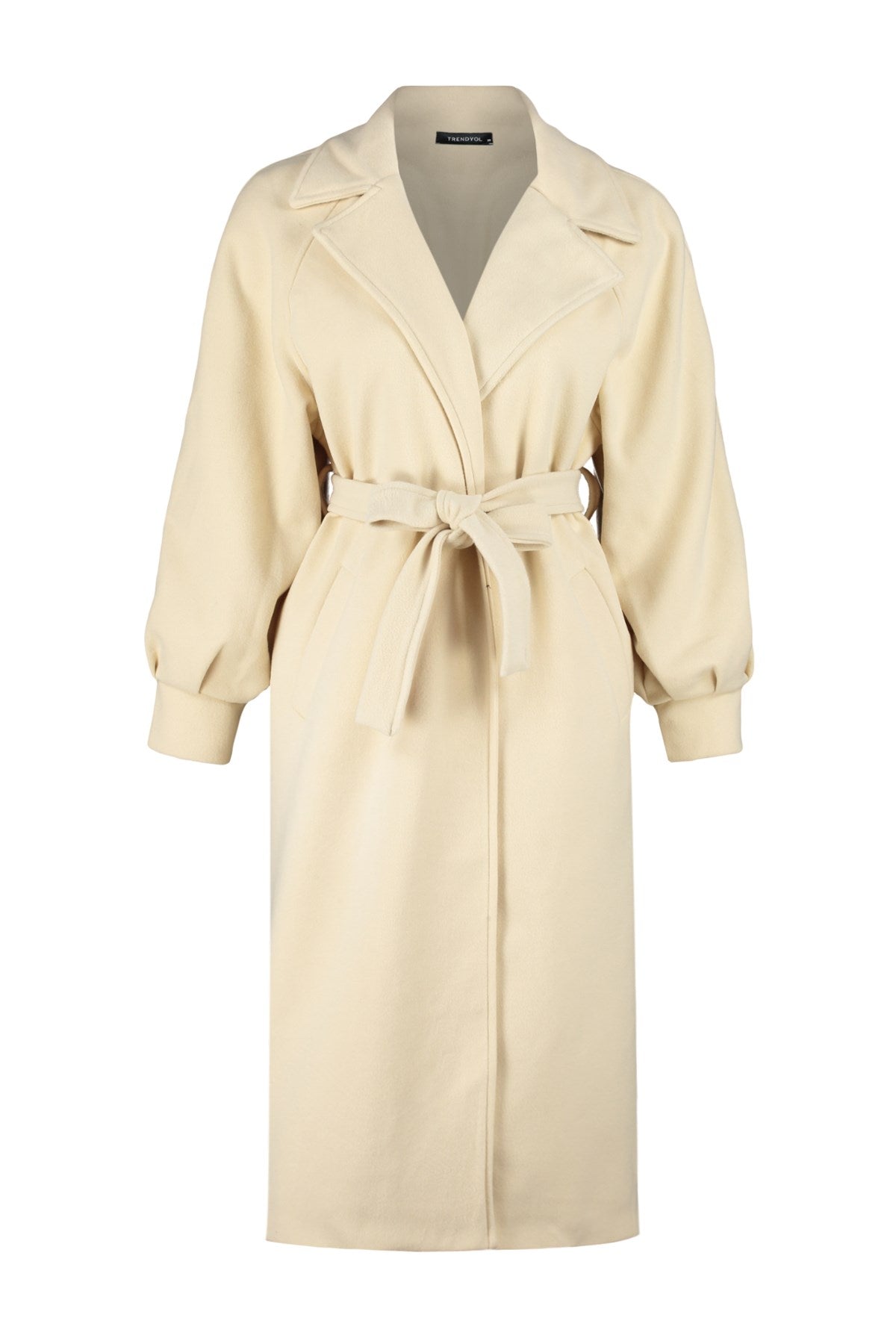 Ecru Oversize Wide Cut Belted Balloon Sleeve Detailed Long Cashmere Coat Twoaw24kb00173