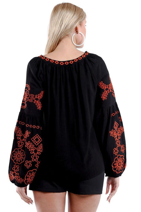 Black Neck Tie Balloon Sleeve Embroidery Woven Blouse M10010200bl93207