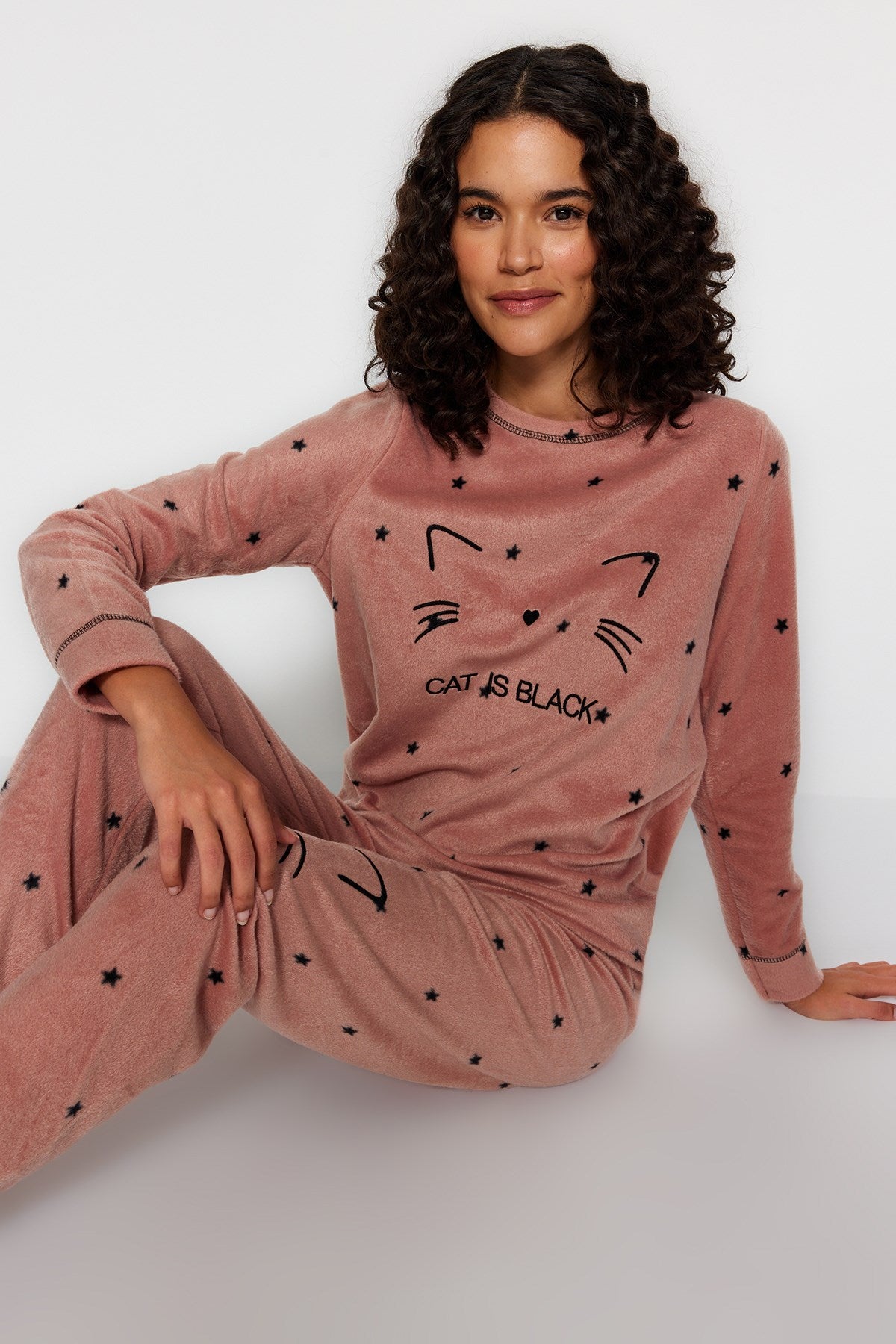 Powder Fleece Star Pattern Cat Printed Knitted Sleepwear Set Thmaw24pt00242