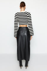 Black Slit Faux Leather High Waist Maxi Knitted Skirt Twoaw24et00198