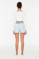 Light Blue Drawstring Detailed Denim Shorts Twoss21sr0388