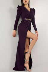 Deep Slit Long Sleeve Plastic Chain Detailed Evening Dress And Graduation Dress 582260 722 Mat-722