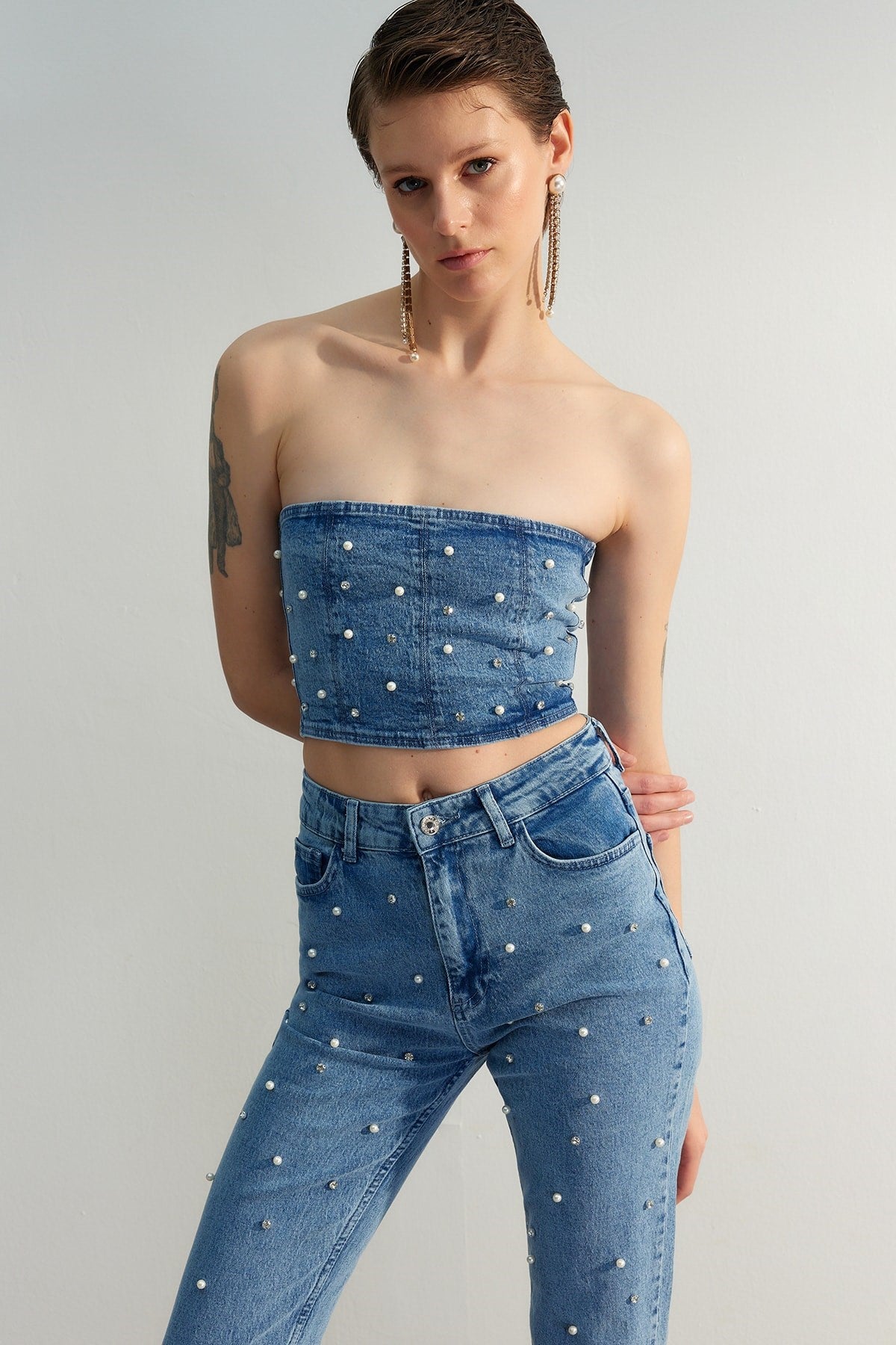 Limited Edition Blue Pearl Detailed Denim Bustier Twoss23bs00018