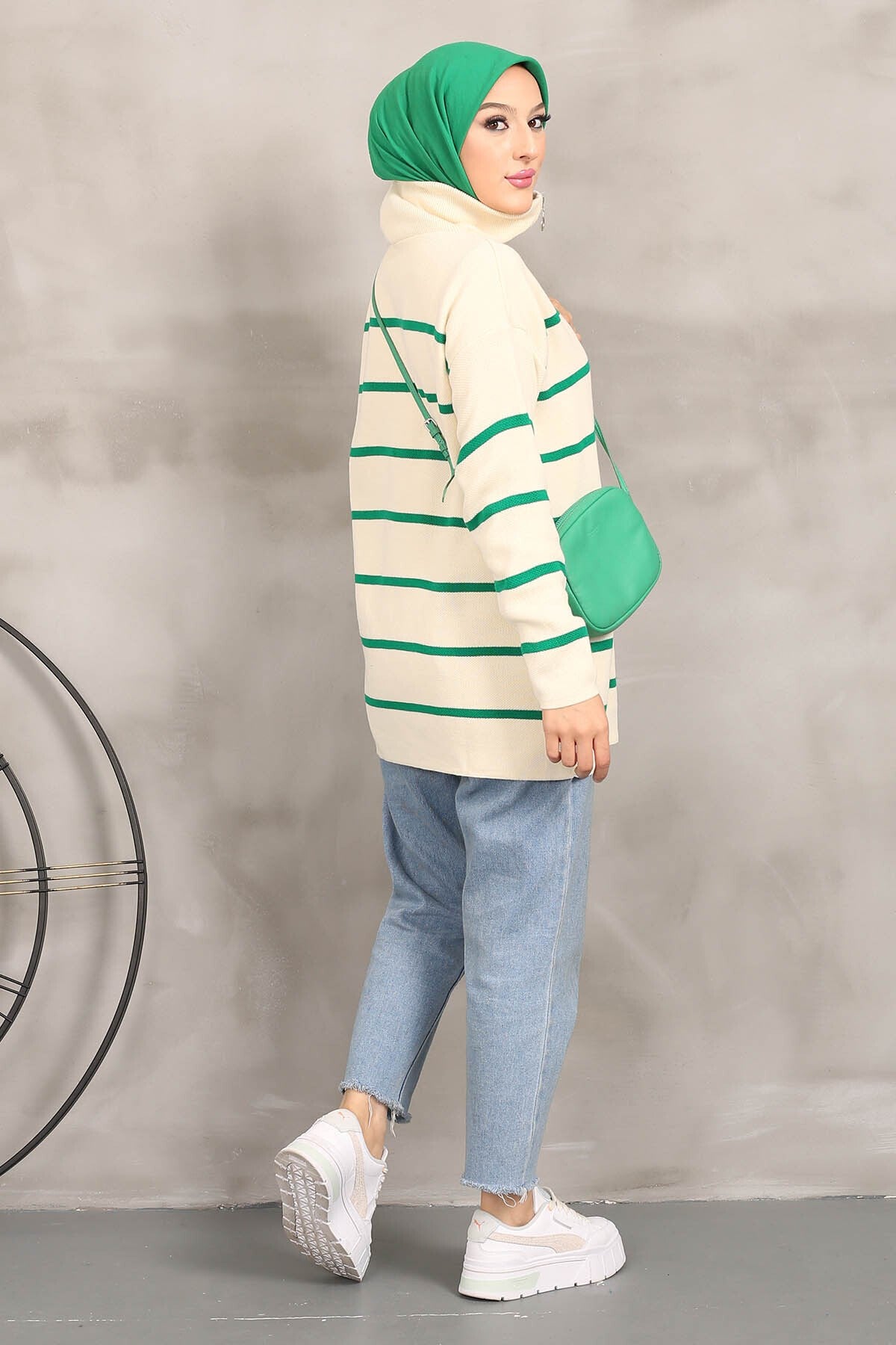 Green Collar Zipper Striped Knitwear Tunic Imj002233