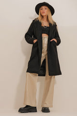 Women's Black Double Pockets Inner Lined Bouquet Cache Coat Alc-x10984