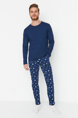 Navy Blue Men's 100% Cotton Regular Fit Printed Knitted Sleepwear Set Tmnaw23pt00029