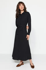 Black Belted Sleeves Cuffed Cotton Woven Shirt Dress Tctss23eb00072