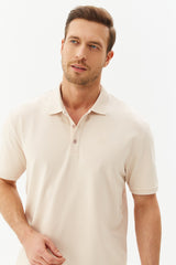 Men's Cream Basic Cotton Solid Color Short Sleeve Sports And Casual Polo Neck T-shirt 8982 Tb20ml07s