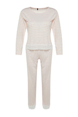 Powder Striped Lace Detailed Tshirt-pants Knitted Pajama Set Thmaw24pt00183