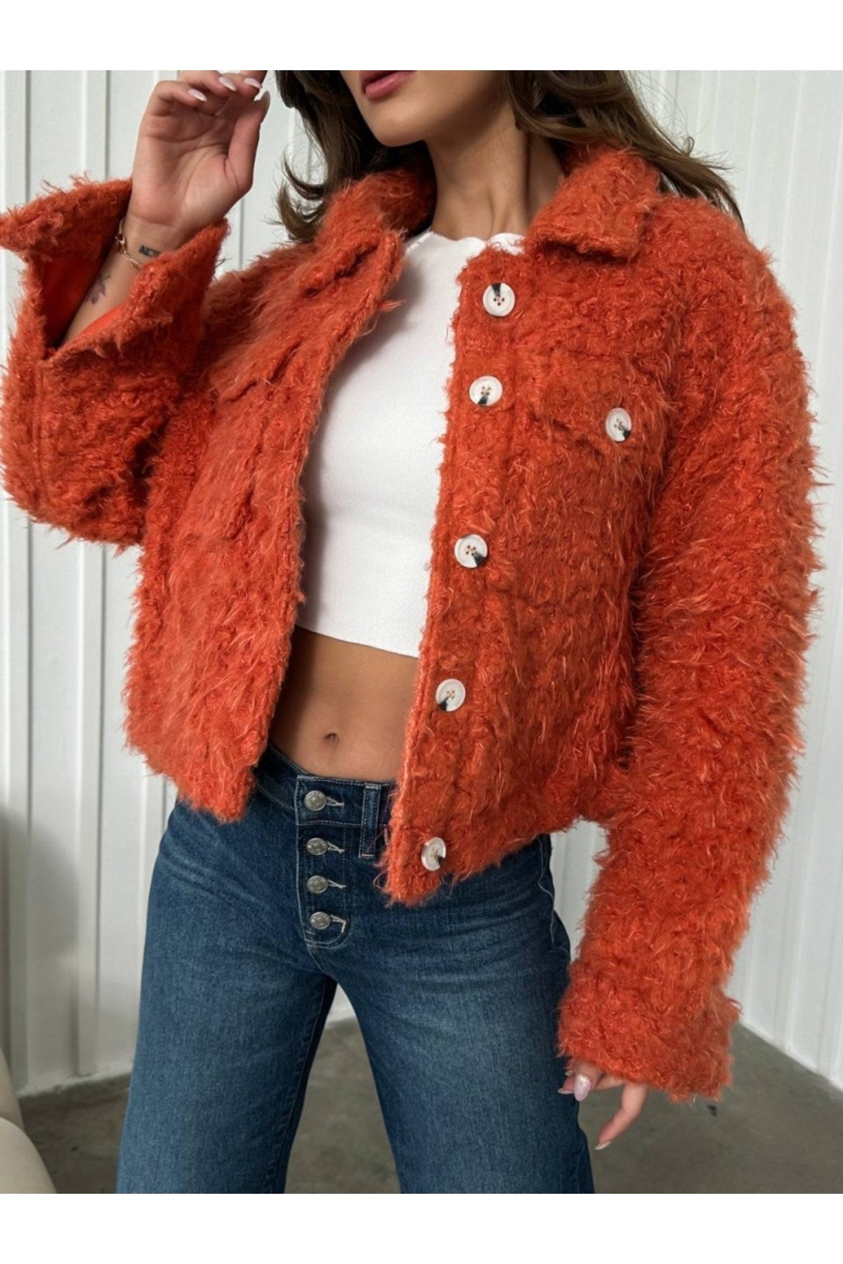 Orange Furry Short Jacket Tyc1fgcu1n170348830459299