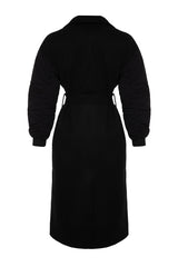 Black Oversize Wide Cut Belted Bomber Sleeve Detailed Long Cache Coat Twoaw24kb00003