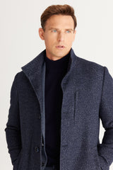 Men's Navy Blue Standard Fit Regular Cut Stand-up Collar Patterned Coat 4a0524100009