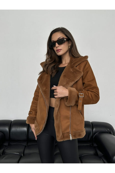 Tan Belt Detailed Fur Coat Tycst5qnqn169736070373096