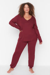 Burgundy Suprem V Neck Knitted Pajama Set Tbbaw23ai00007