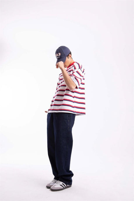 Flaw Atelier Basic Navy-red Striped Oversize T-shirt Flaw-006-005-054