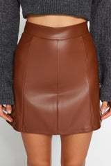 Brown Twill Faux Leather High Waist Mini Knitted Skirt Twoaw24et00154