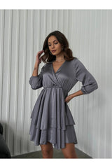 Women's Grey Double-breasted Ruffle Satin Dress 2547