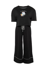 Black Printed Wide Cut Knitted Sleepwear Set Tbbaw23ai00040