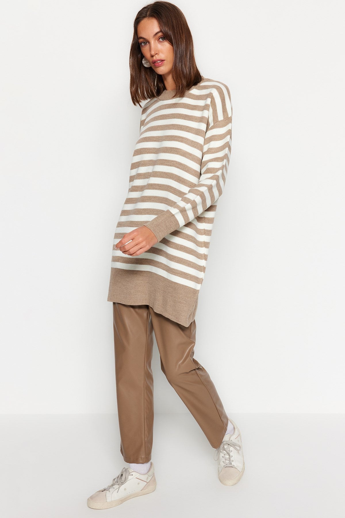 Beige Striped Knitwear Sweater Tctaw24ak00186