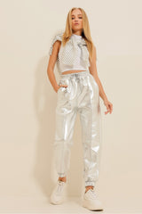 Women's Silver Scalloped Jogger Pants Alc-x11262 With Elasticated Front Grass Glitter Silver Waist A