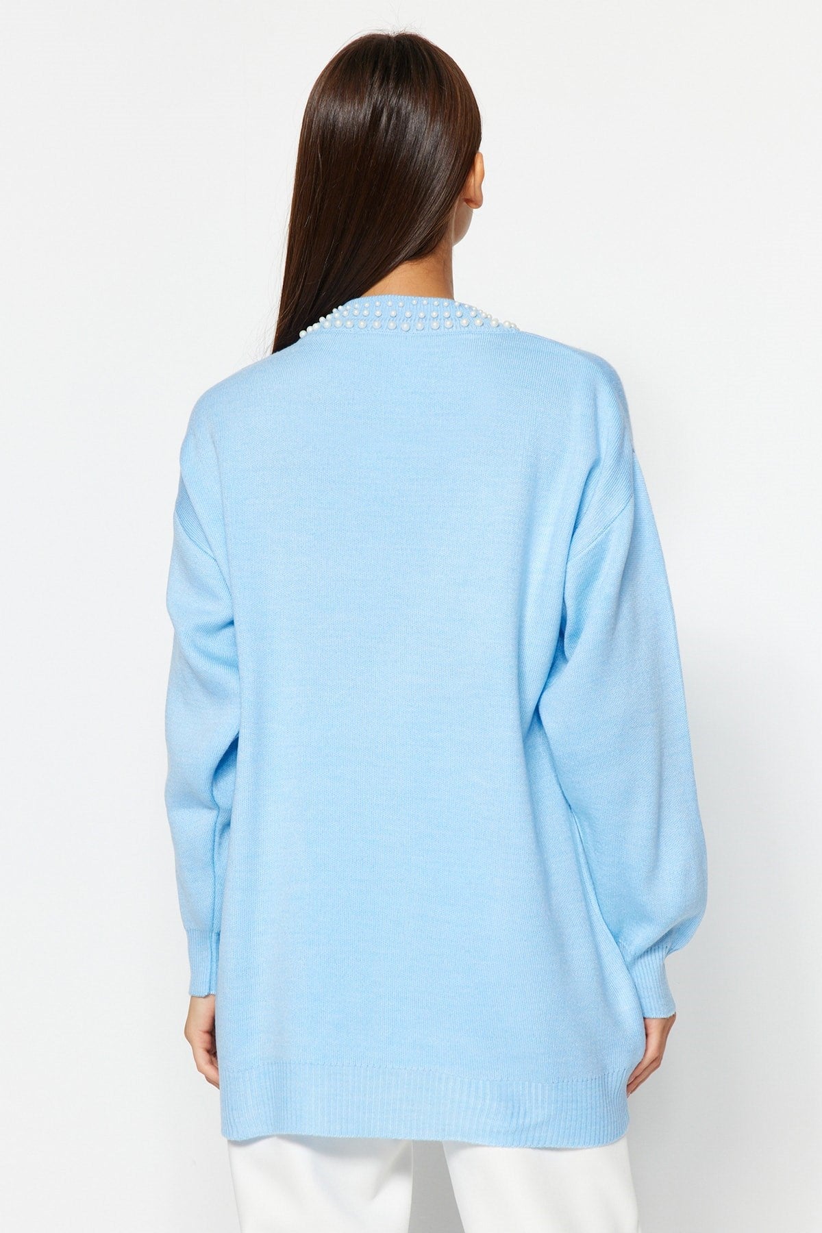 Ice Blue Pearl Detailed Knitwear Sweater Tctaw24ak00143