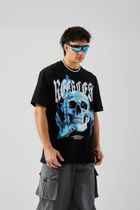 Reckless Skull Printed Black Oversize T-shirt Tycy57m35n170548446039721