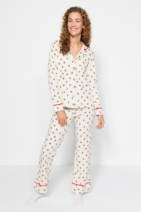 Beige 100% Cotton Heart Pattern Shirt-pants Knitted Sleepwear Set Thmaw24pt00103