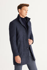 Men's Navy Blue Standard Fit Regular Cut Stand-up Collar Patterned Coat 4a0524100009