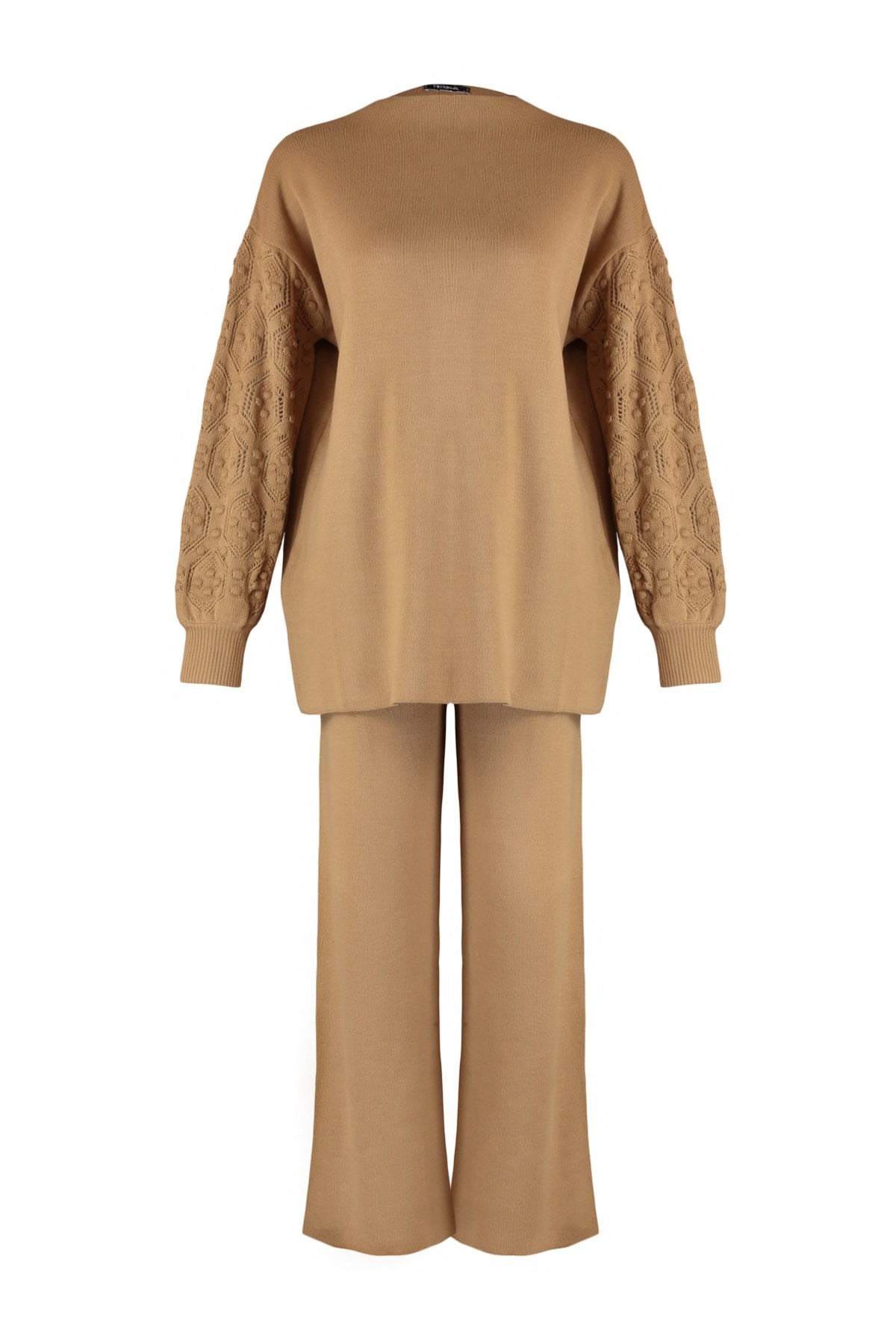 Beige Sleeves Openwork Knitted Sweatshirt-pants Knitwear Suit Tctaw23us00087