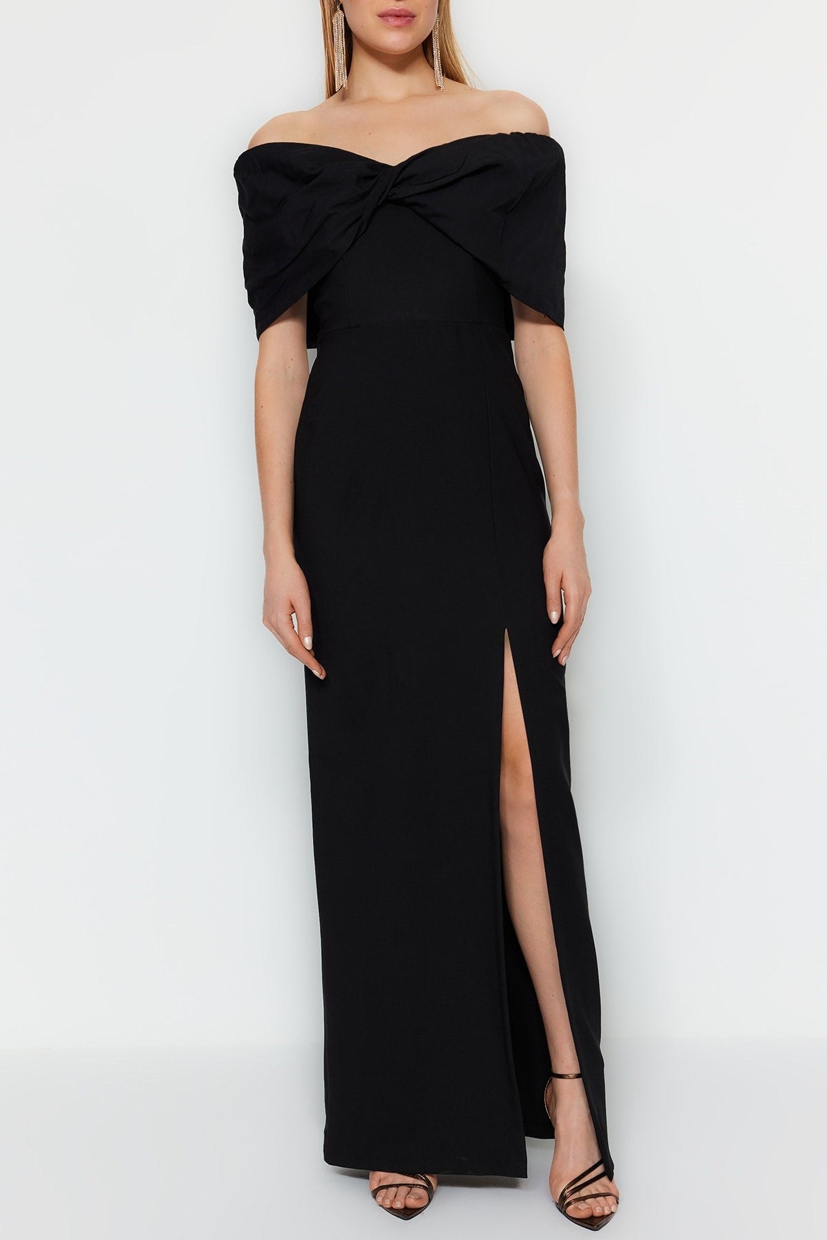 Black Lined Woven Long Night Evening Dress Tprss23ae00067