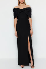 Black Lined Woven Long Night Evening Dress Tprss23ae00067