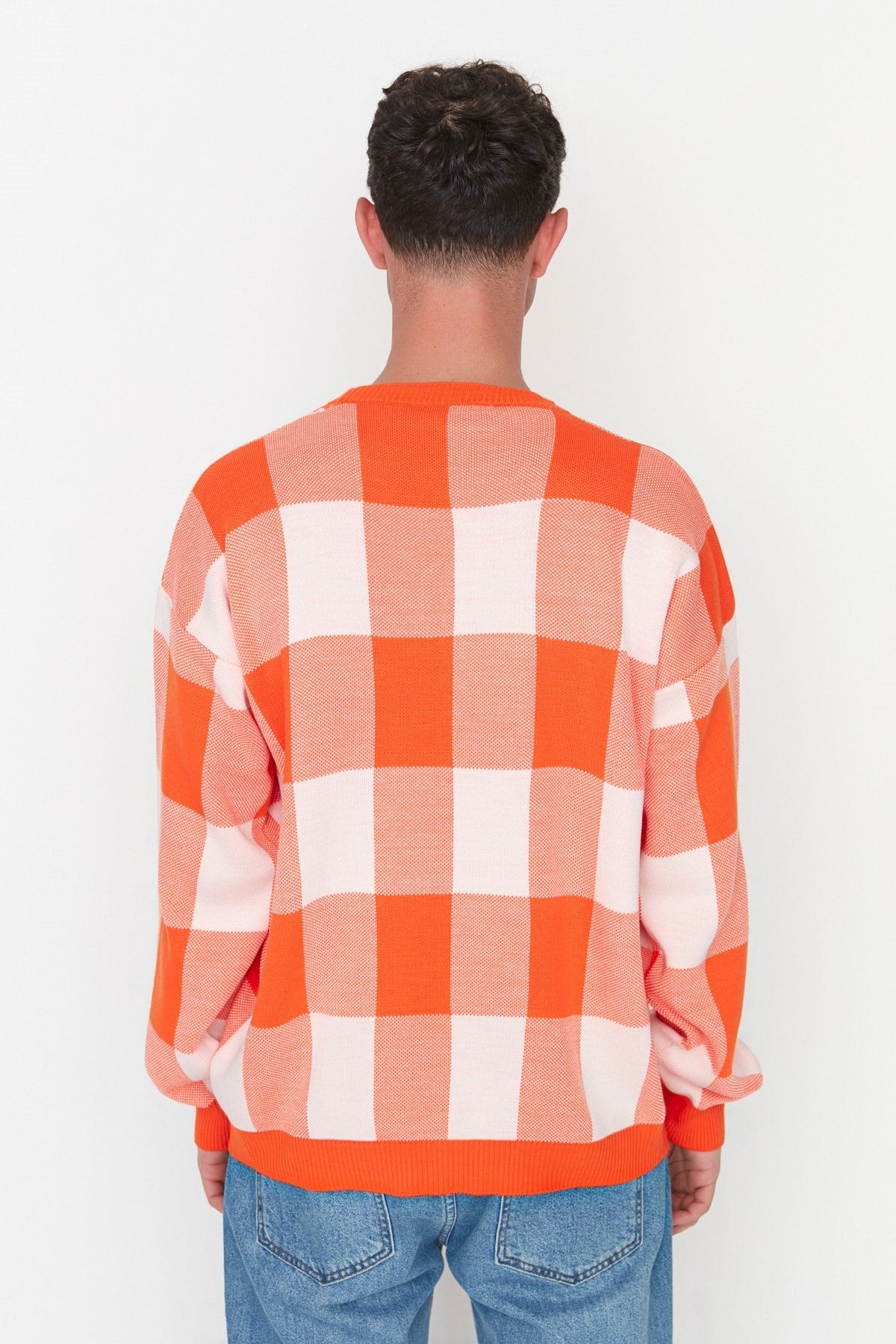 Orange Mens Oversize Fit Wide Pattern Crew Neck Plaid Pattern Knitwear Sweater Tmnaw23kz00045