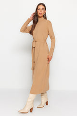 Beige Belted Pearl Detailed Long Knitwear Dress Tctaw24eb00016