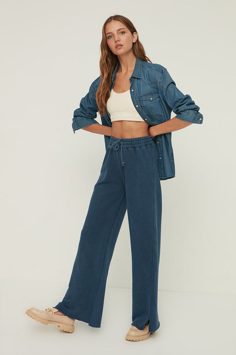 Indigo Aging/pale Effect Wide Leg/wide Leg Regular Waist Thin Knitted Tracksuit Bottoms Twoaw22ea042